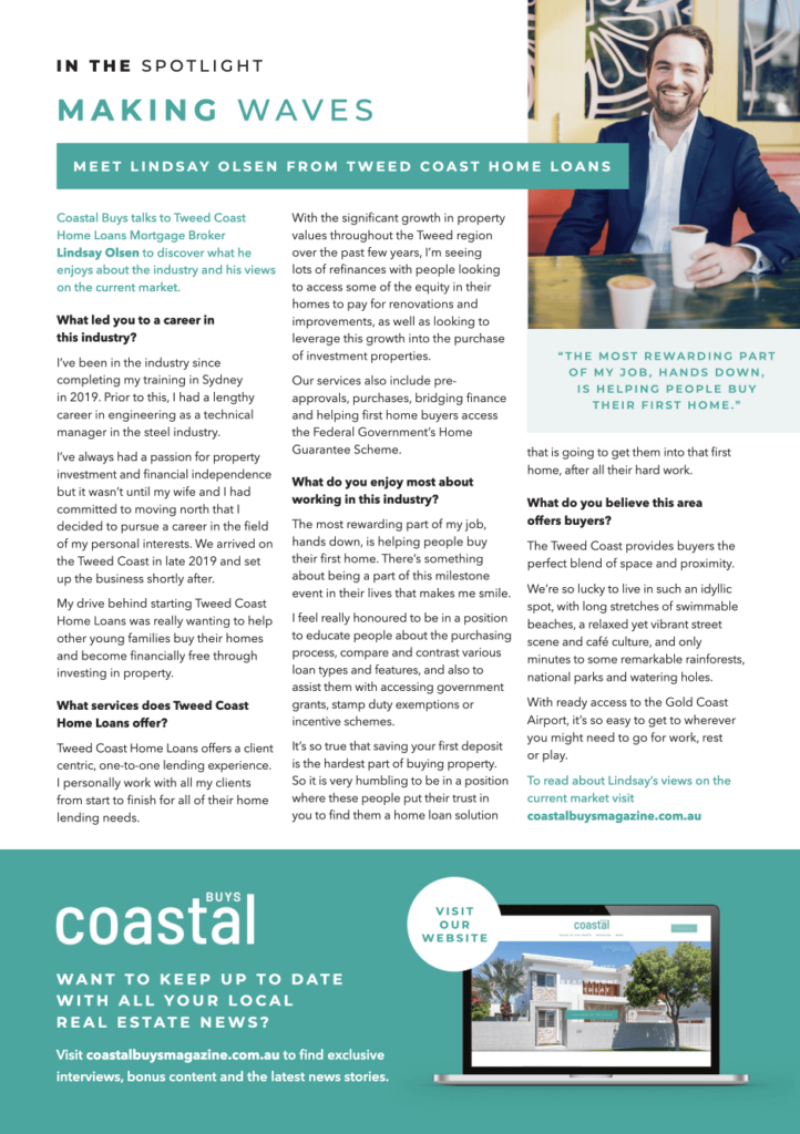 Interview with mortgage broker Lindsay Olsen of Tweed Coast Home Loans featured in Coastal Buys magazine